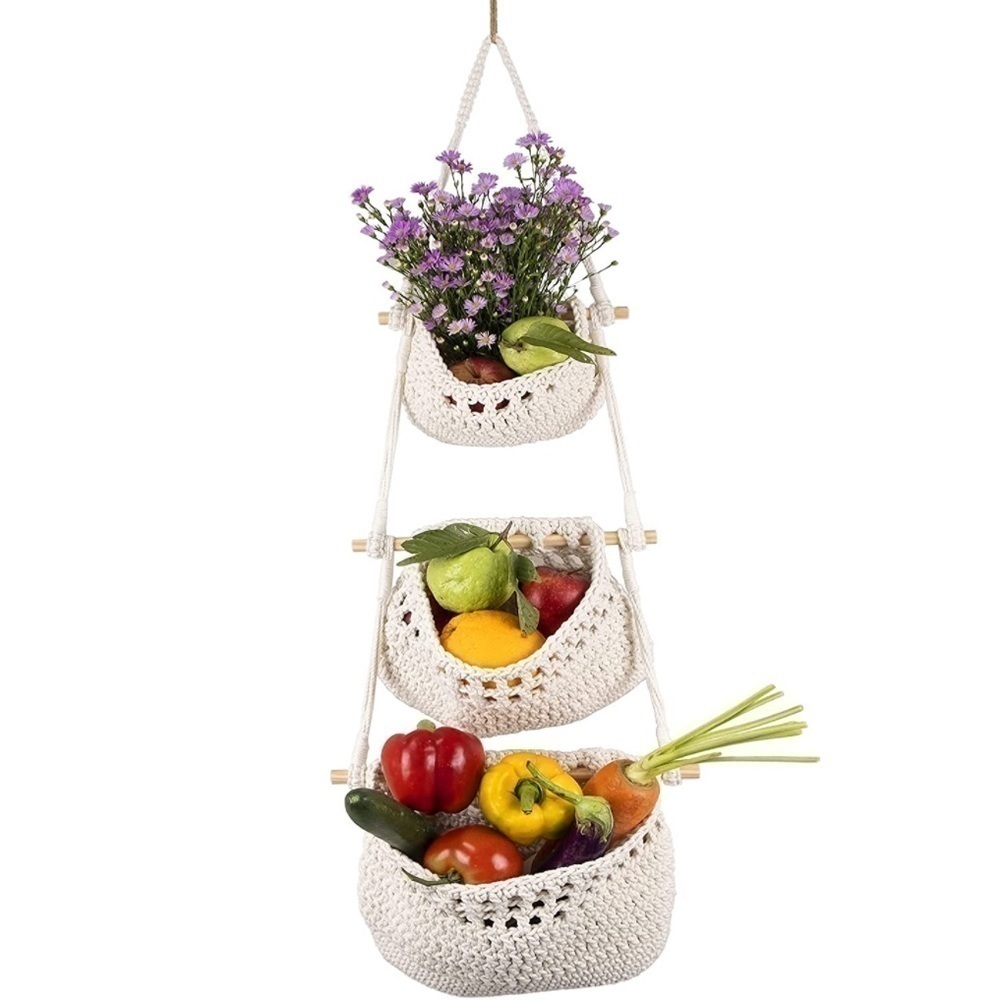 Brand New Handmade Macrame 3-Tier Hanging Fruit Basket Boho Storage Organizer